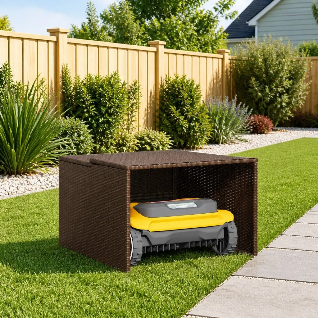 Robot Mower Garage Weather Resistant Outdoor Storage Shed Brown PE Rattan with Steel Frame