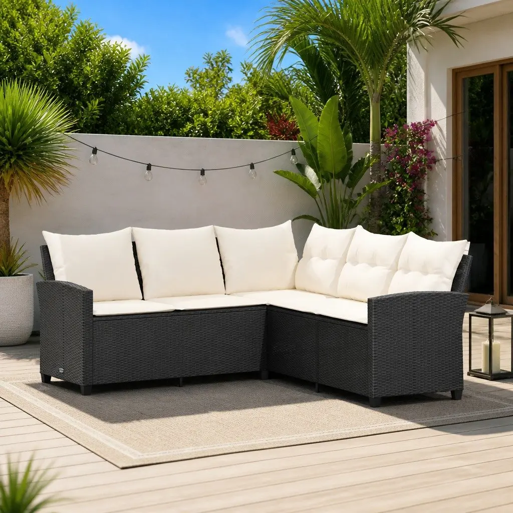 L-Shaped Outdoor Sofa Couch with Cushions PE Rattan Black