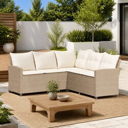 L-Shaped Outdoor Couch Sofa Garden Patio Furniture with Cushions Beige