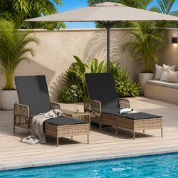 Sun Lounger 3 Piece Set Grey Dark Grey Outdoor Garden Patio Lounge Chair
