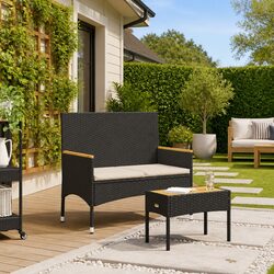 2-Seater Garden Bench with Table and Cushions Black Poly Rattan Outdoor