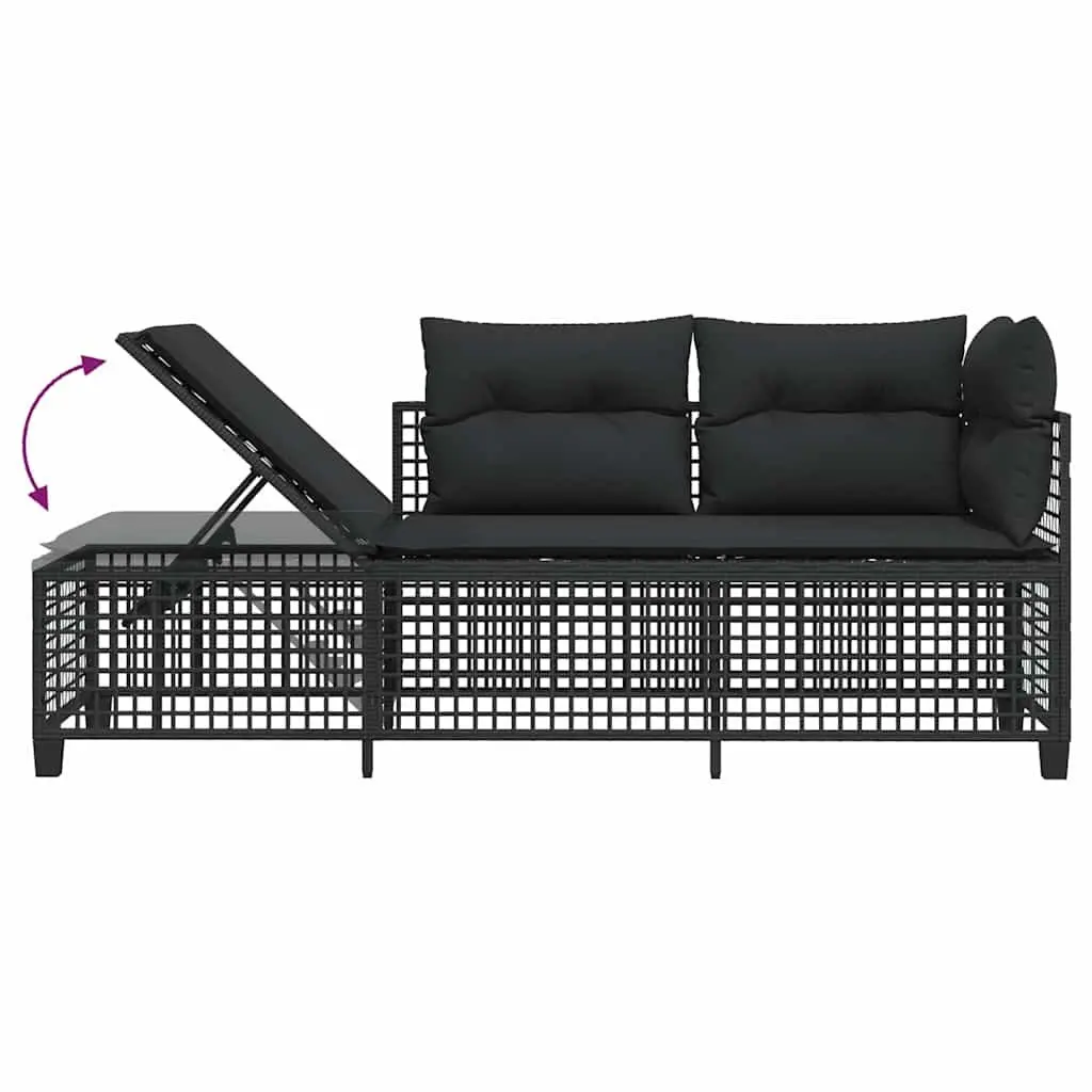 Corner Garden Sofa Set 3 Piece Adjustable Side Seats Black Poly Rattan with Cushions and Glass Top Table