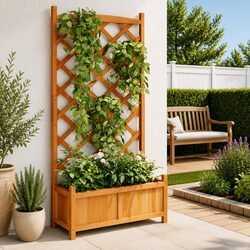 Wooden Planter with Trellis Brown Fir Garden Climbing Plant Support Patio Decor