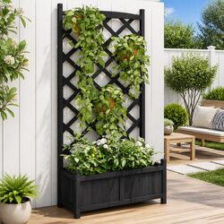 Planter with Trellis Black Solid Wood Fir Garden Climbing Plants Patio Outdoor