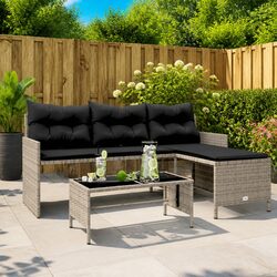 Grey Poly Rattan L-Shaped Garden Sofa Set with Table and Cushions Outdoor Patio