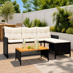 L-Shaped Garden Sofa Set with Table and Cushions Black Outdoor Patio Furniture