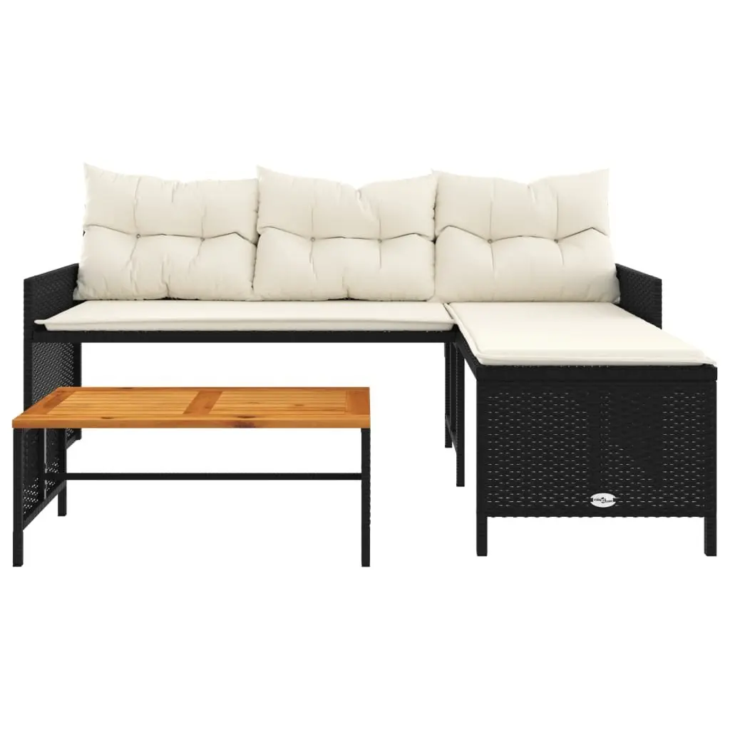 L-Shaped Garden Sofa Set with Table and Cushions Black Poly Rattan Outdoor