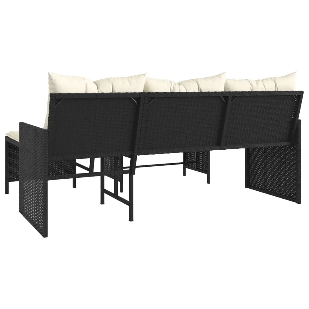 L-Shaped Garden Sofa Set with Table and Cushions Black Poly Rattan Outdoor