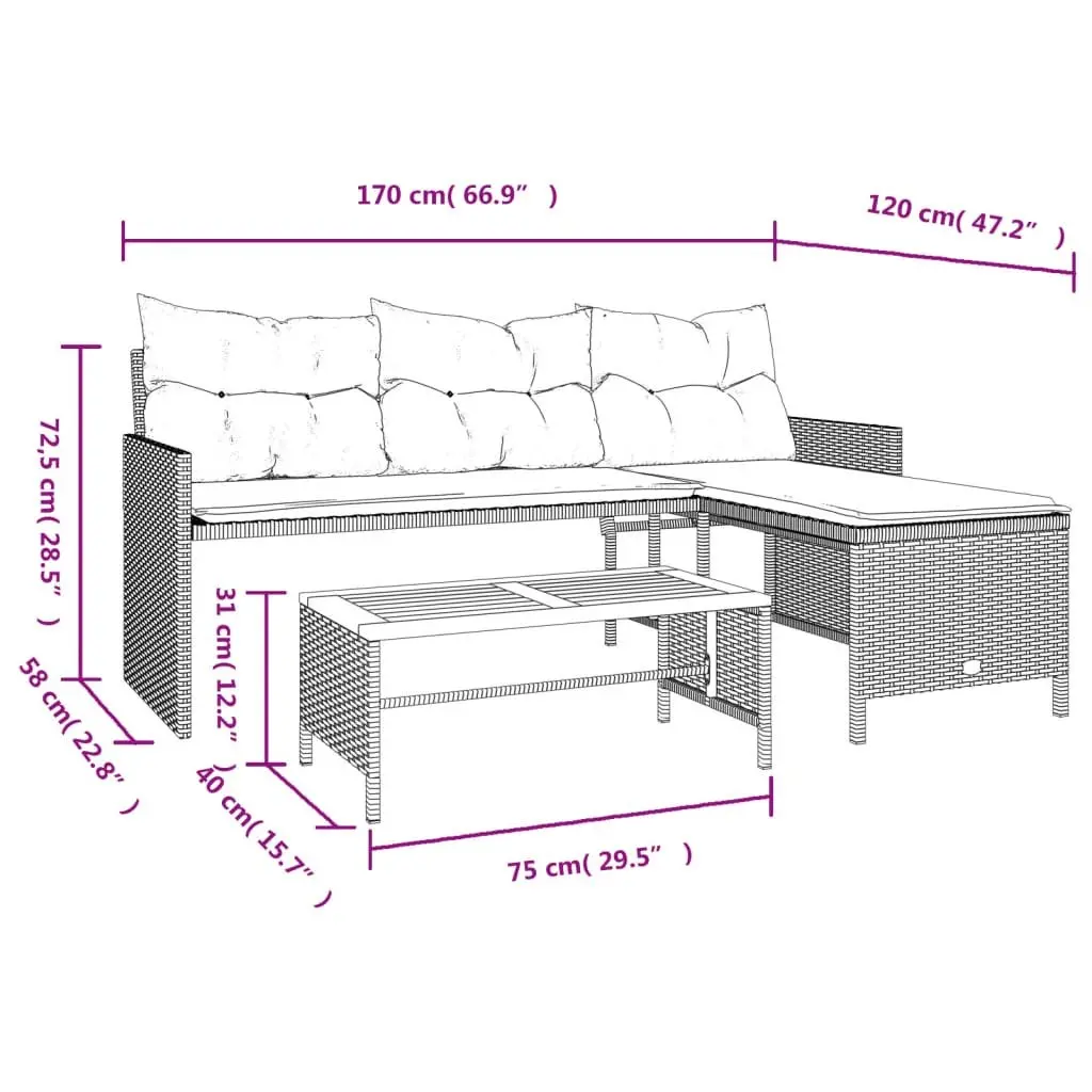 L-Shaped Garden Sofa Set with Table and Cushions Black Poly Rattan Outdoor
