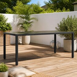 Garden Table with Tempered Glass Top Black Outdoor Poly Rattan Patio Furniture
