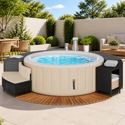 Hot Tub Surround with Storage Bench Step Poly Rattan Wood Garden Spa Furniture