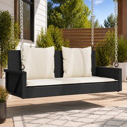 Outdoor Swing Bench Black Poly Rattan Garden Hanging Seat with Cushions Patio