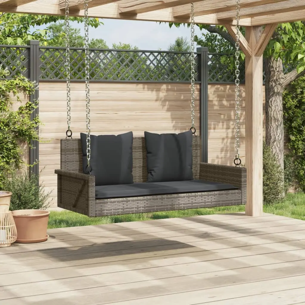 Outdoor Swing Bench Grey Poly Rattan Hanging Garden Seat with Cushions