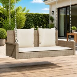 Swing Bench Outdoor Garden Seating Poly Rattan Beige with Cushions Hanging Chair