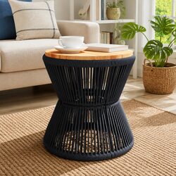 Coffee Table with Wire Base Black Round Ø 45x44 cm Acacia Wood Living Room
