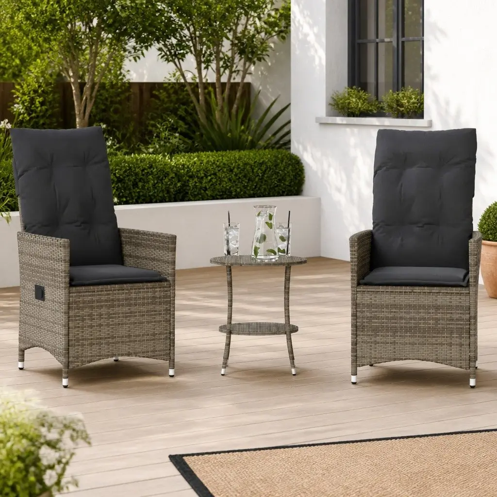 Bistro Set Outdoor Furniture 3 Piece Adjustable Backrest Grey Poly Rattan