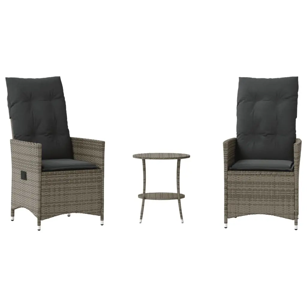 Bistro Set Outdoor Furniture 3 Piece Adjustable Backrest Grey Poly Rattan