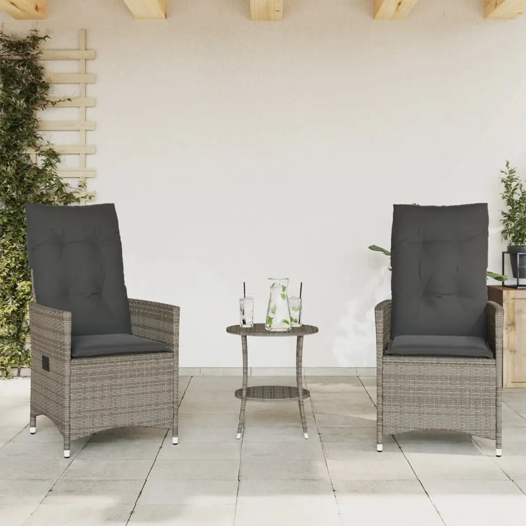 Bistro Set Outdoor Furniture 3 Piece Adjustable Backrest Grey Poly Rattan