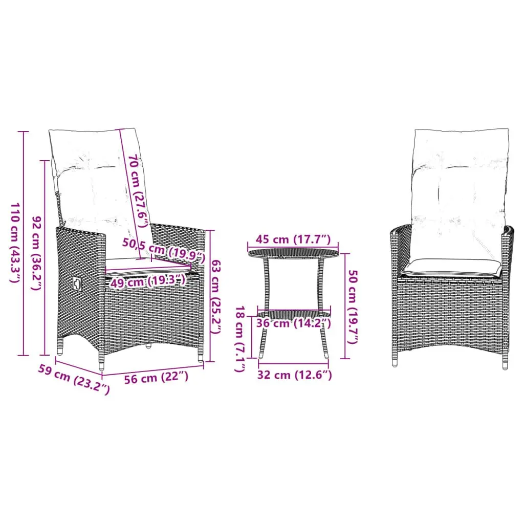 Bistro Set Outdoor Furniture 3 Piece Adjustable Backrest Grey Poly Rattan