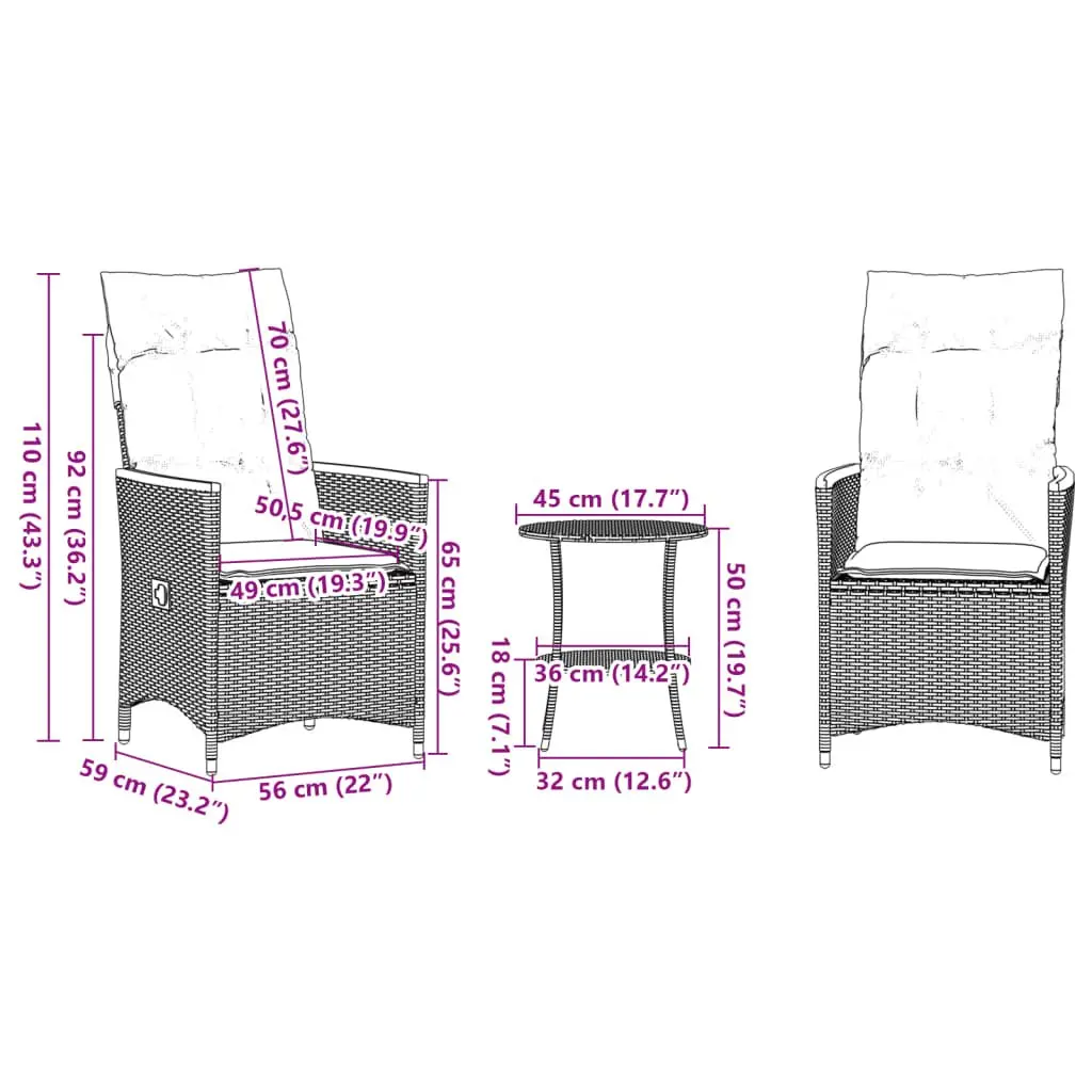 Bistro Set 3 Piece Outdoor Furniture Adjustable Backrest Cushions Black Poly Rattan