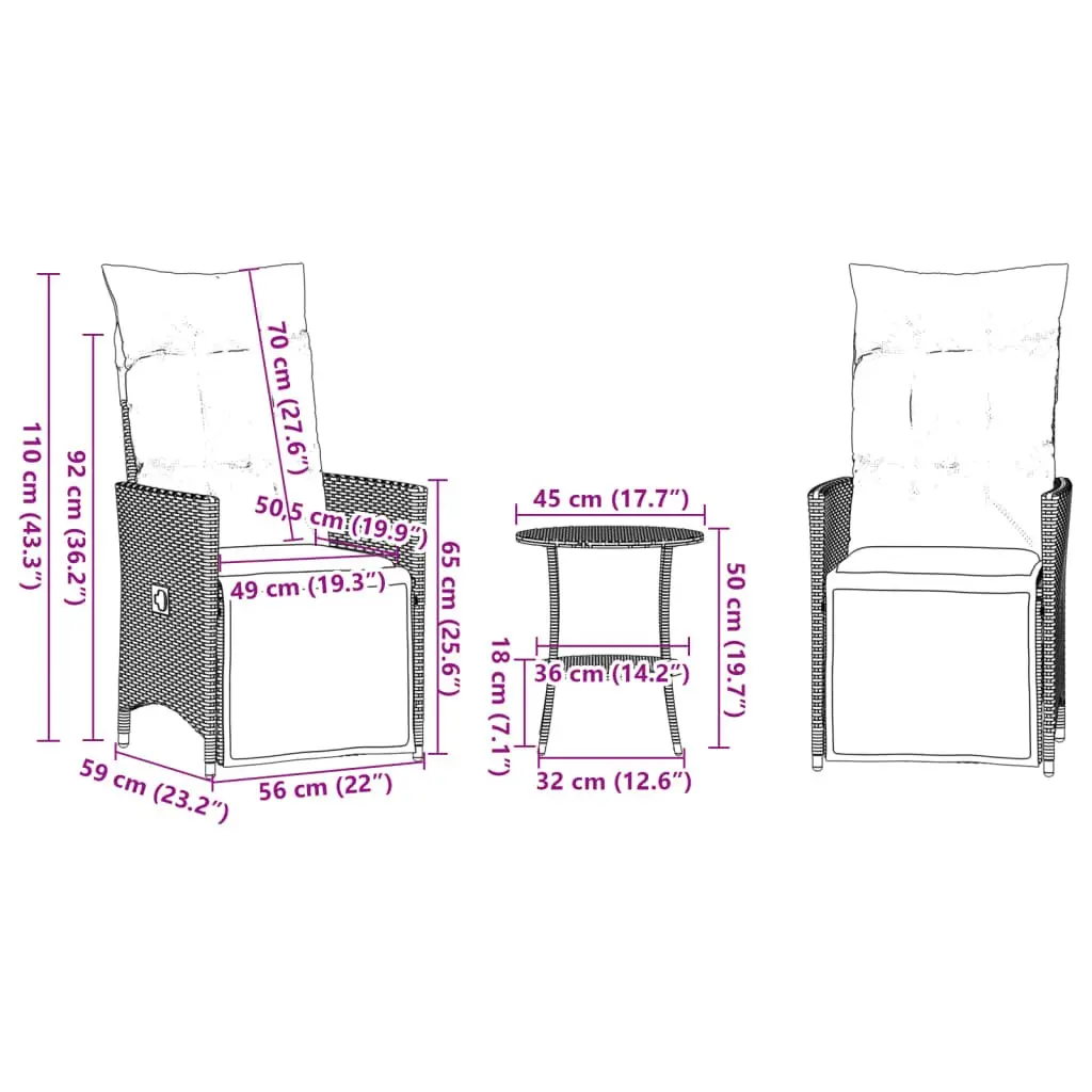 3 Piece Bistro Set with Cushions Black Outdoor Garden Patio Furniture Chat