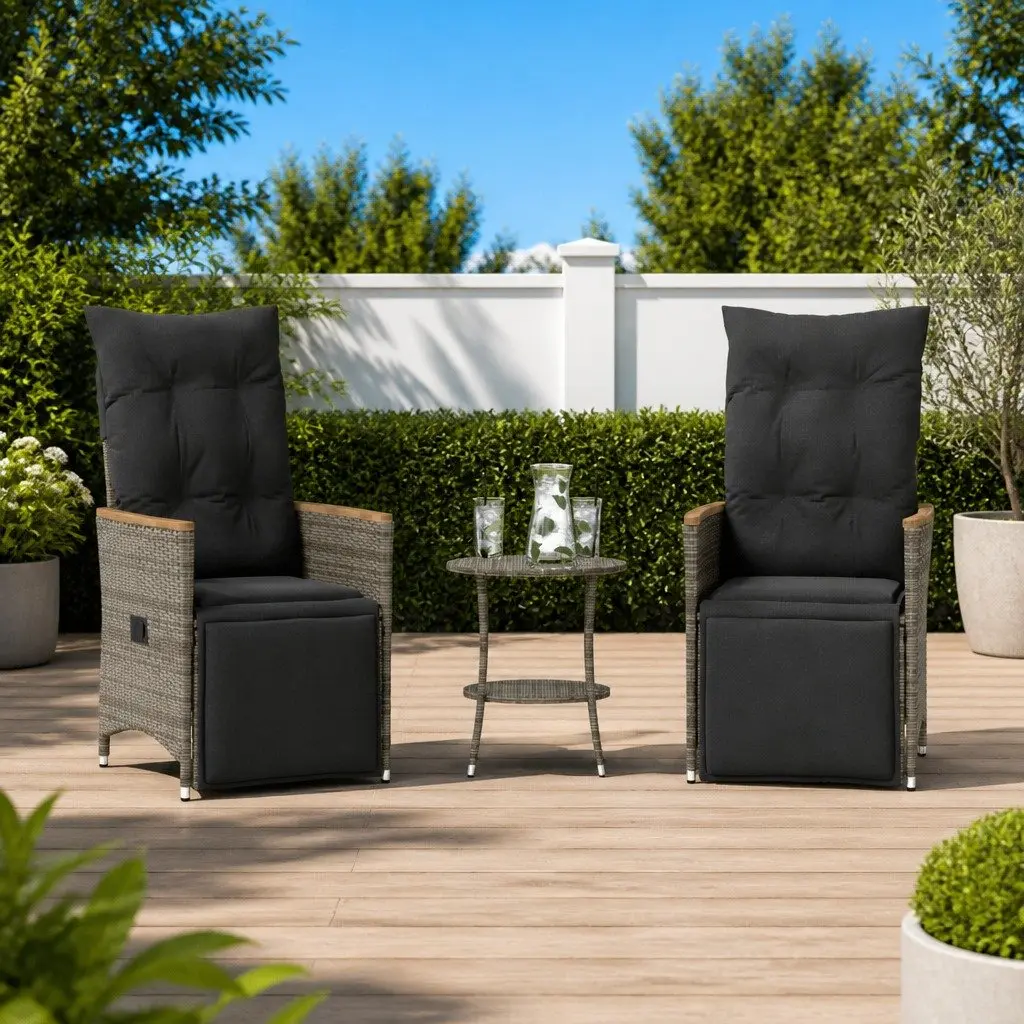 Bistro Set 3 Piece Outdoor Furniture Adjustable Backrest Grey Poly Rattan with Cushions