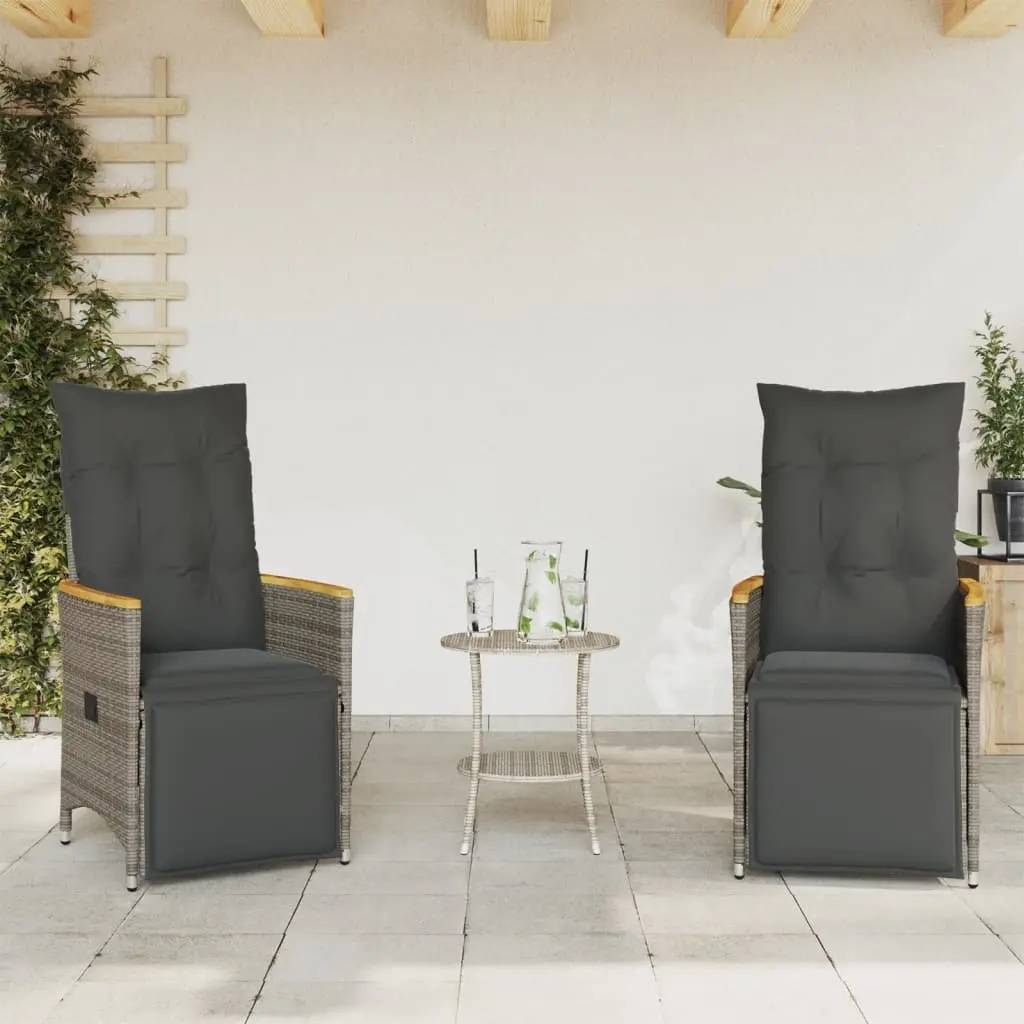 Bistro Set 3 Piece Outdoor Furniture Adjustable Backrest Grey Poly Rattan with Cushions
