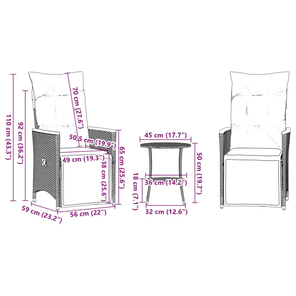 Bistro Set 3 Piece Outdoor Furniture Adjustable Backrest Grey Poly Rattan with Cushions