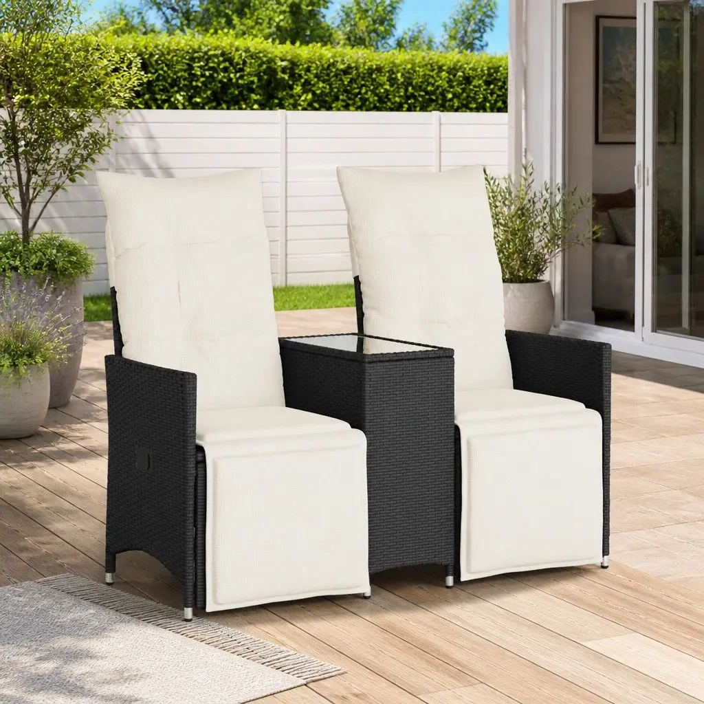 Reclining Garden Sofa 2-Seater with Central Table Adjustable Backrest PE Rattan Black