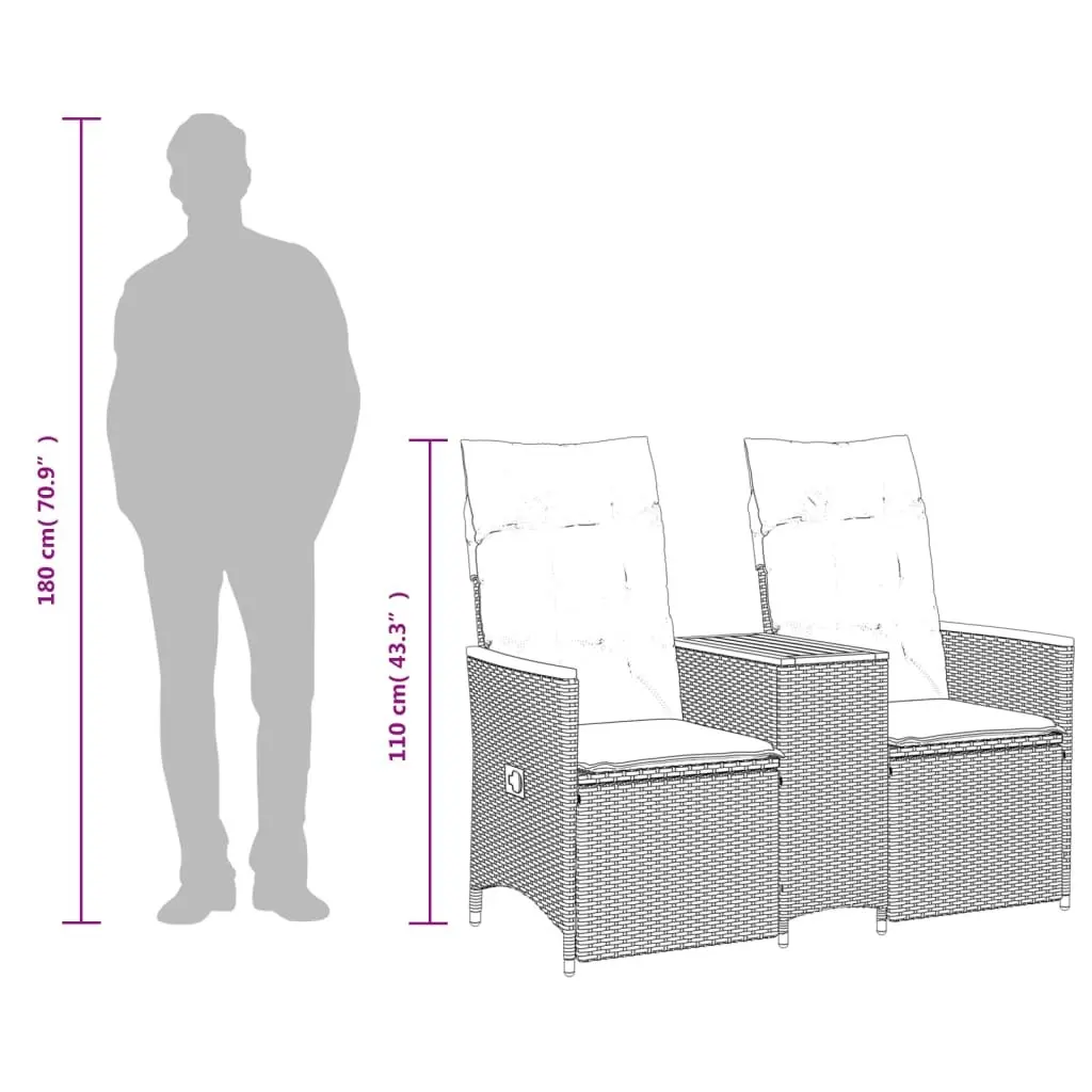 Reclining Garden Sofa 2-Seater with Integrated Table Grey PE Rattan Outdoor Furniture