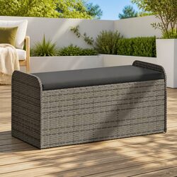Outdoor Storage Bench with Cushion Grey Poly Rattan Garden Seat 115x51x52cm