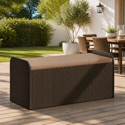 Outdoor Storage Bench with Cushion Brown Poly Rattan Garden Seating Furniture