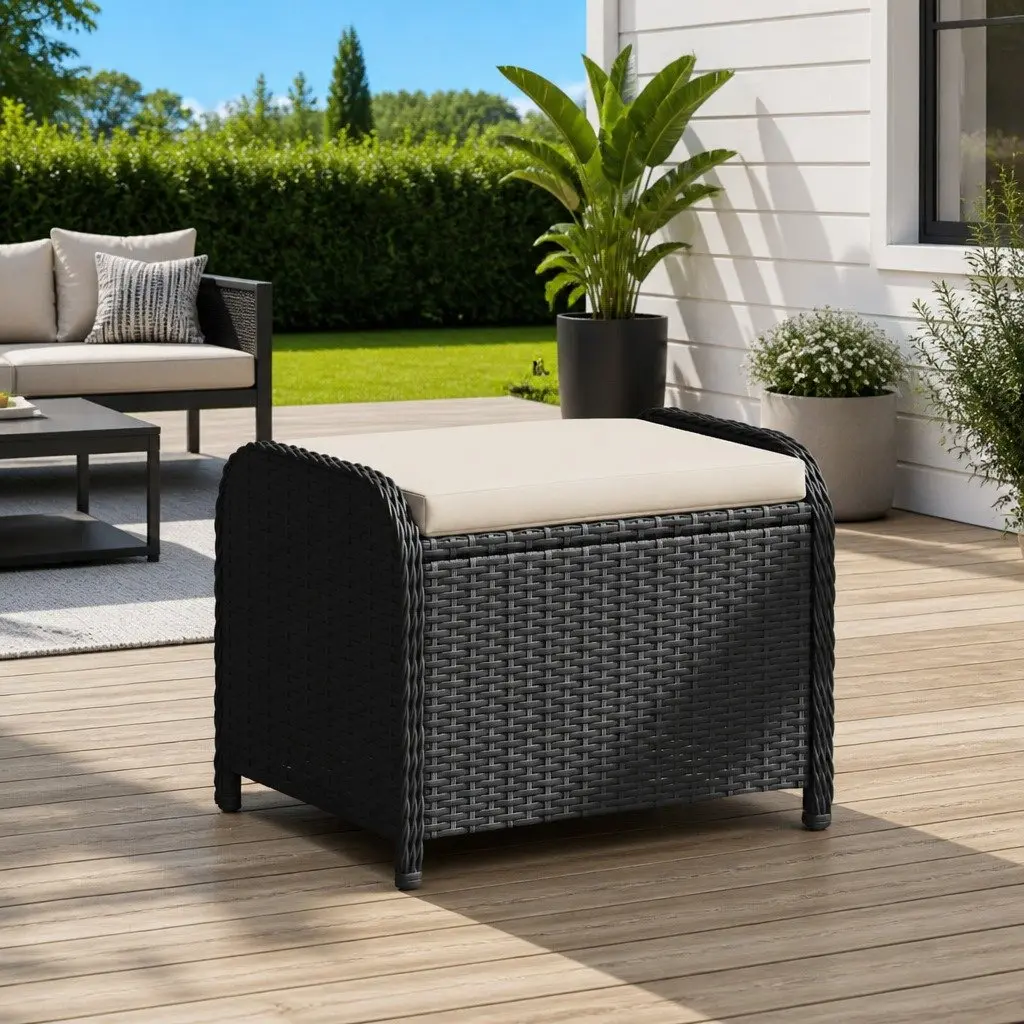 Garden Stool with Cushion Black Outdoor Foot Rest Poly Rattan Patio Furniture