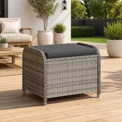 Garden Stool with Cushion Grey Outdoor Foot Rest Poly Rattan Padded Seat