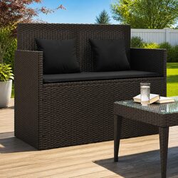 Outdoor Garden Bench Storage Seating Poly Rattan Black with Cushion Lid
