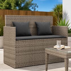 Garden Bench with Storage Cushion Grey Poly Rattan Outdoor Seating Furniture