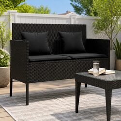 Outdoor Garden Bench with Storage Cushion Poly Rattan Seating Black