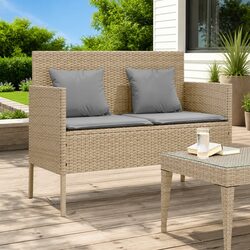 Garden Bench Storage Beige Poly Rattan Outdoor Seating with Cushion Padded Seat