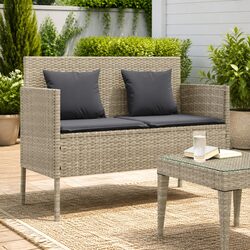 Outdoor Garden Bench with Storage Cushion Seat Poly Rattan Grey Patio Furniture