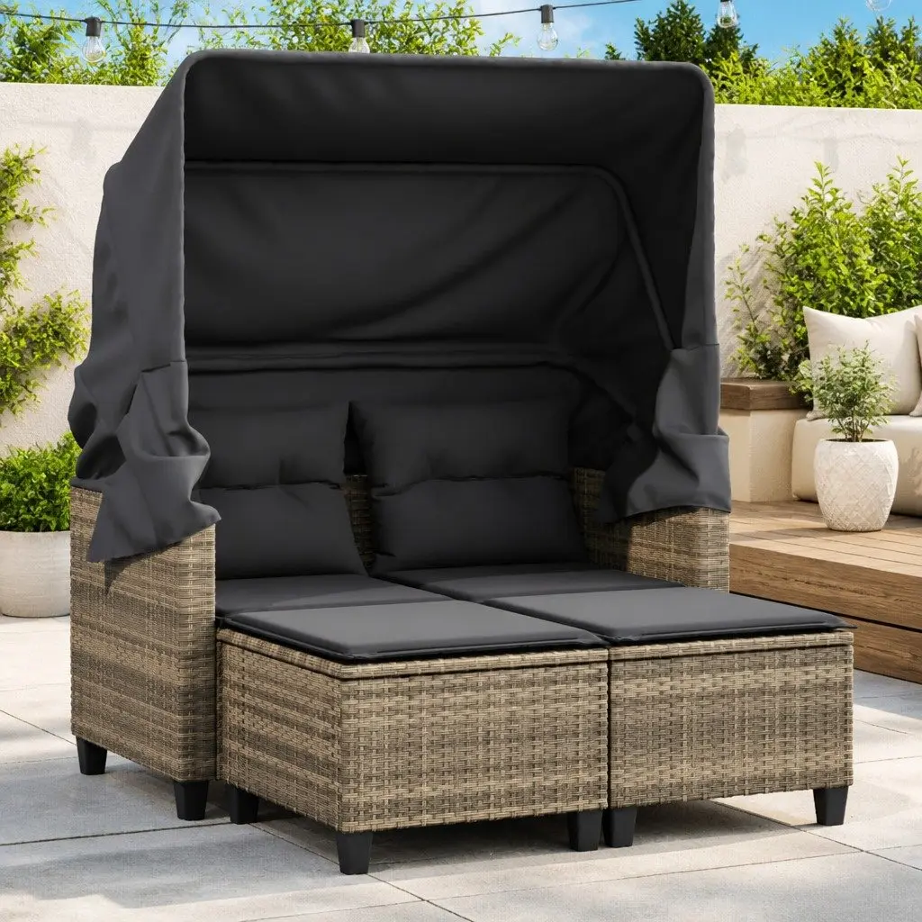 Garden Sofa 2-Seater with Canopy Grey PE Rattan Outdoor