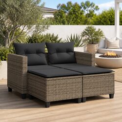 Outdoor Garden Sofa 2-Seater with Footstools Grey Poly Rattan Patio Lounge