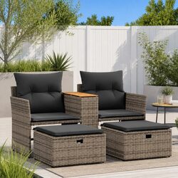 Outdoor Garden Sofa 2-Seater with Stools and Central Table Grey Patio Furniture