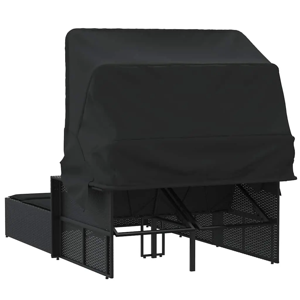 Double Sun Lounger Retractable Canopy Adjustable Backrest Black PE Rattan