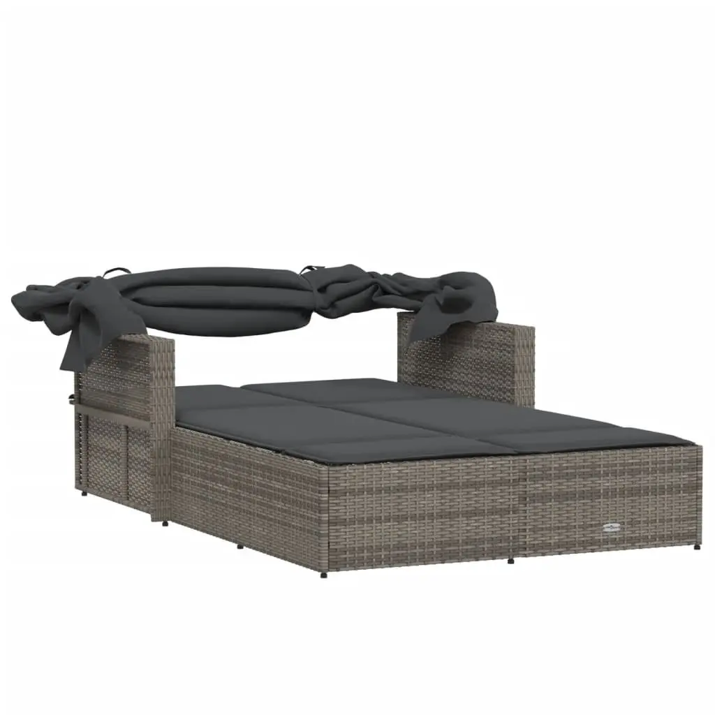Double Sun Lounger with Retractable Canopy Adjustable Backrest Thick Cushions Grey PE Rattan Outdoor Seating