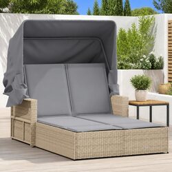 Double Sun Lounger Outdoor Furniture Canopy Cushions Beige Poly Rattan Patio