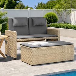 Outdoor Garden Bench 2-in-1 Reclining Loveseat Sofa Bed with Cushions Beige