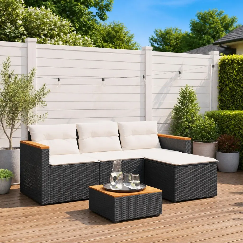 3 Piece Outdoor Garden Sofa Set with Cushions Black Poly Rattan Patio Furniture