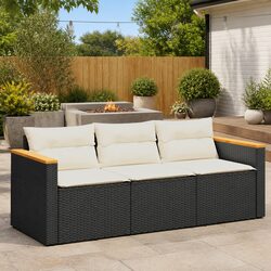 Outdoor Garden Sofa 3-Seater with Cushions Black Poly Rattan Patio Seating