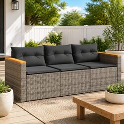 3-Seater Garden Sofa Outdoor Lounge Grey Poly Rattan with Cushions Patio