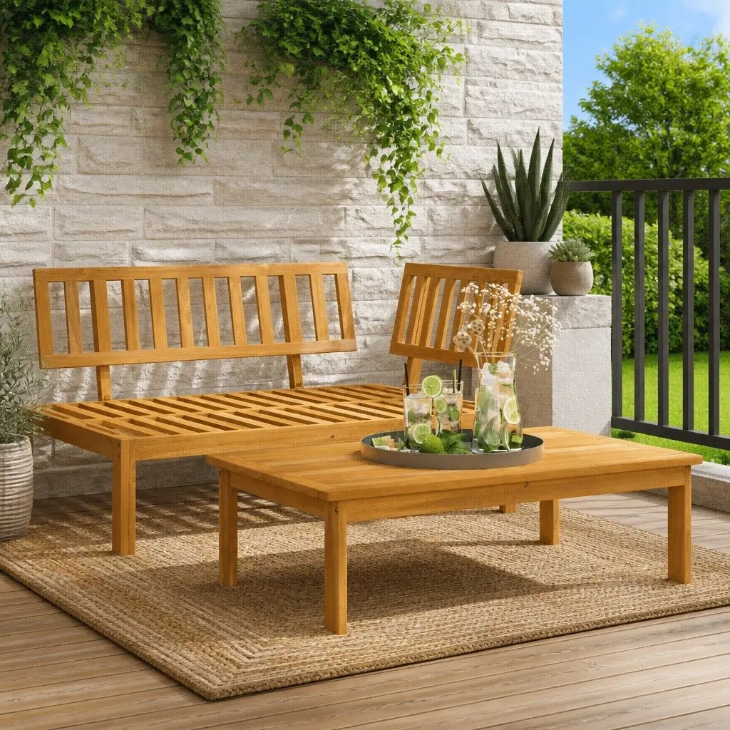 Outdoor Sectional Sofa Set Solid Acacia Wood 2 Piece Brown